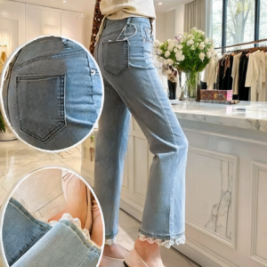 Light Blue Micro Flared Cropped Jeans with Elastic Lace Detail