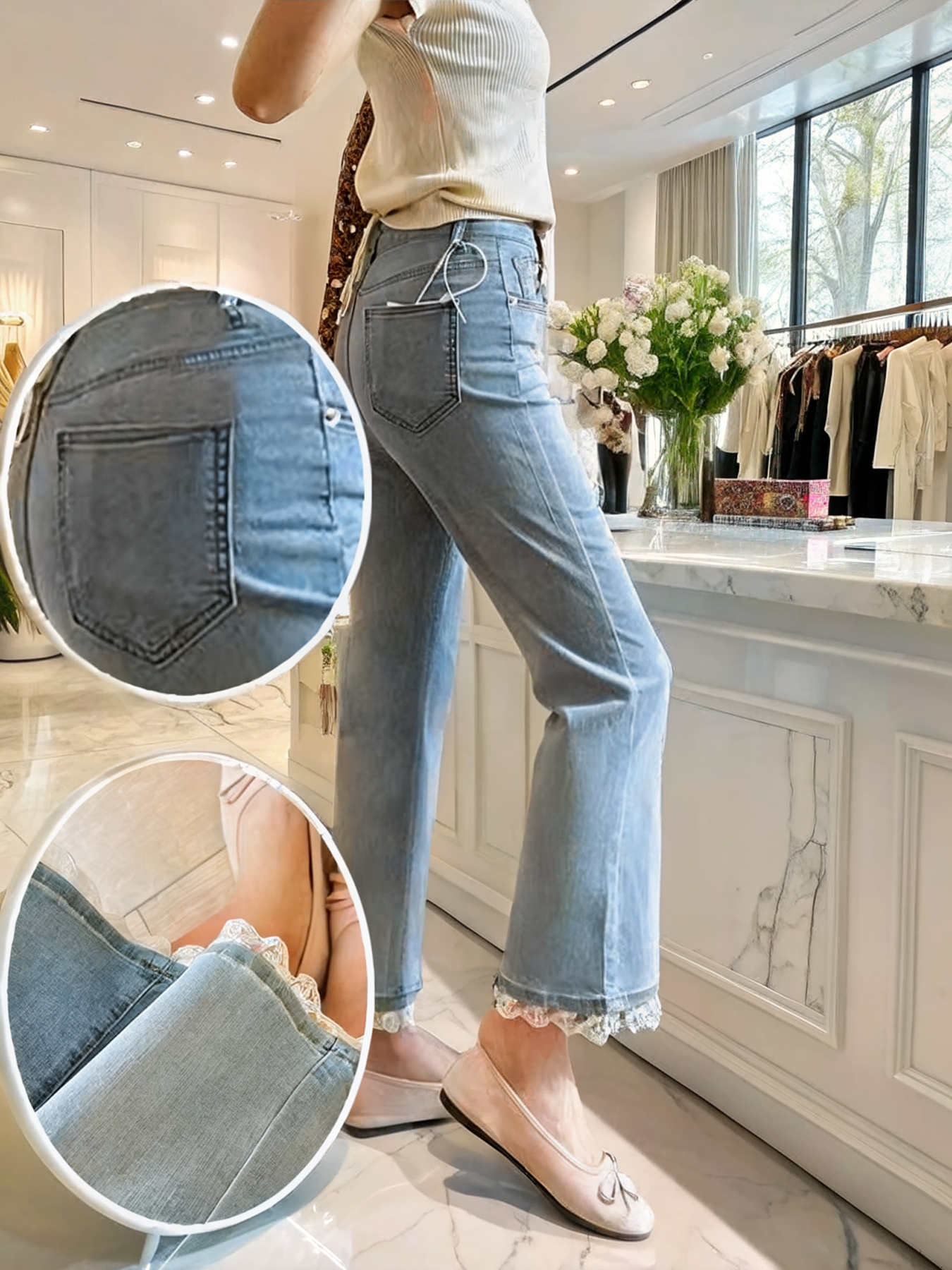 Light Blue Micro Flared Cropped Jeans with Elastic Lace Detail