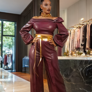 Wine Red Faux Leather Suit Set with Stitching Detail