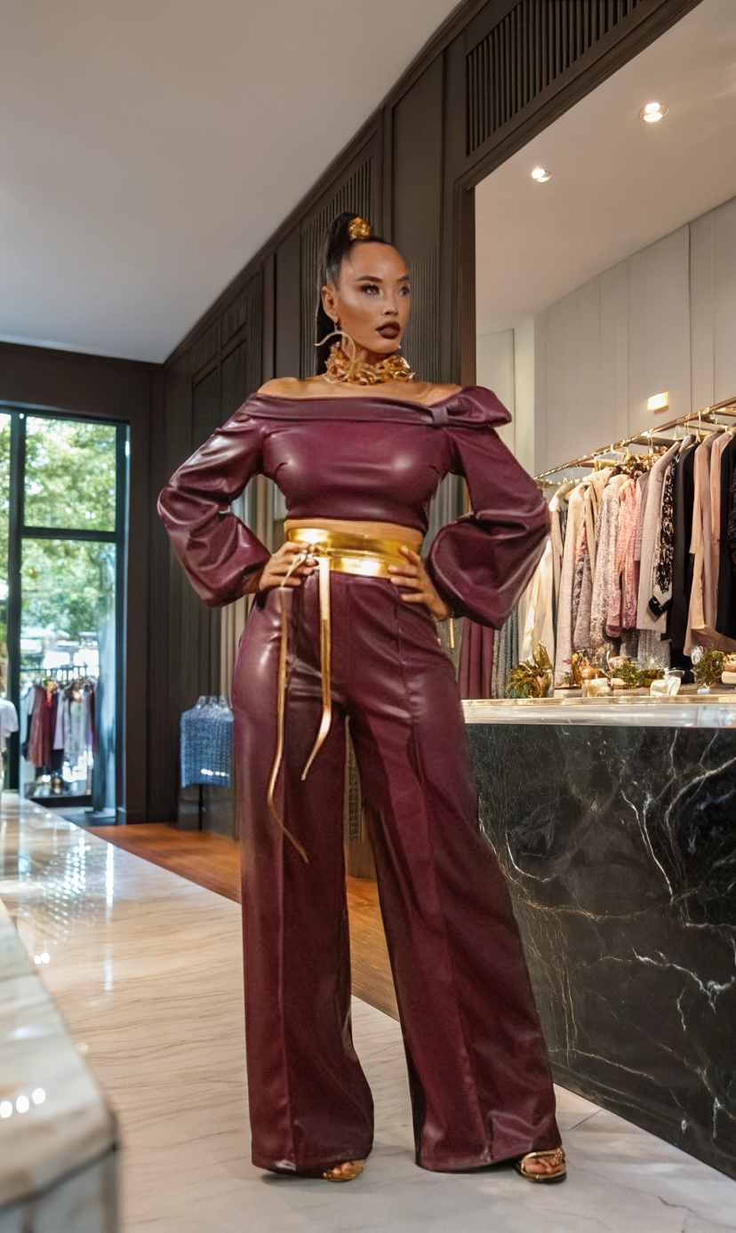 Wine Red Faux Leather Suit Set with Stitching Detail